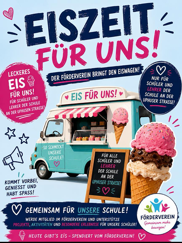 Grafik zur Aktion Eiszeit für uns: Der Förderverein der Schule an der Uphuser Straße brachte einen Eiswagen für die Kinder und Mitarbeitenden auf den Schulhof.